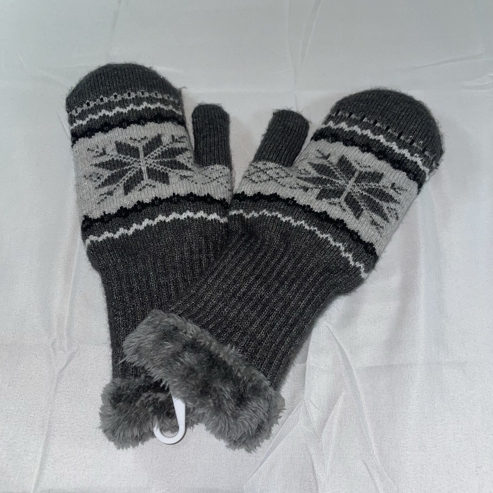 Gray Knit Snowflake Fair Isle Mittens with Faux Fur Trim and Plush Lining